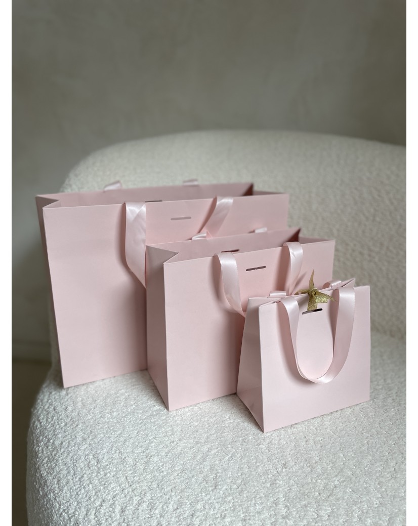 Sac papier Luxe Rose - poignées roses - M (35x12x25cm)