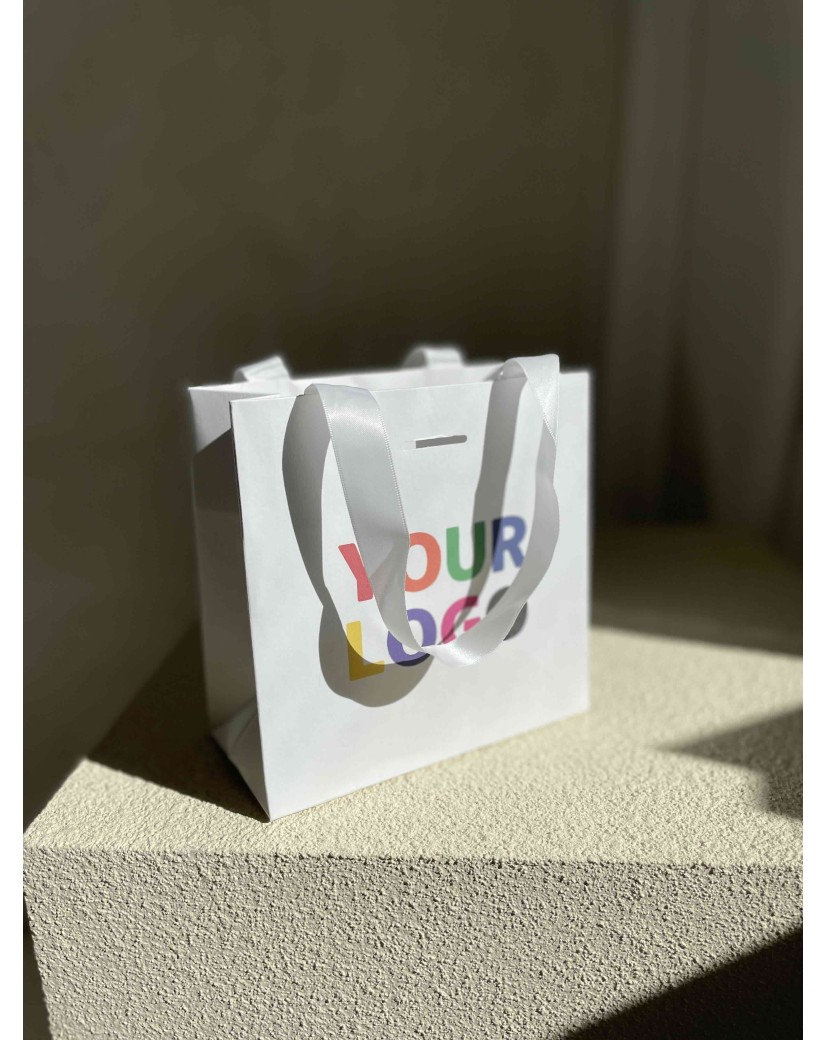 Luxus-Papiertüte Weiß – weiße Kordelhenkel – XS (16 x 8 x 16 cm)