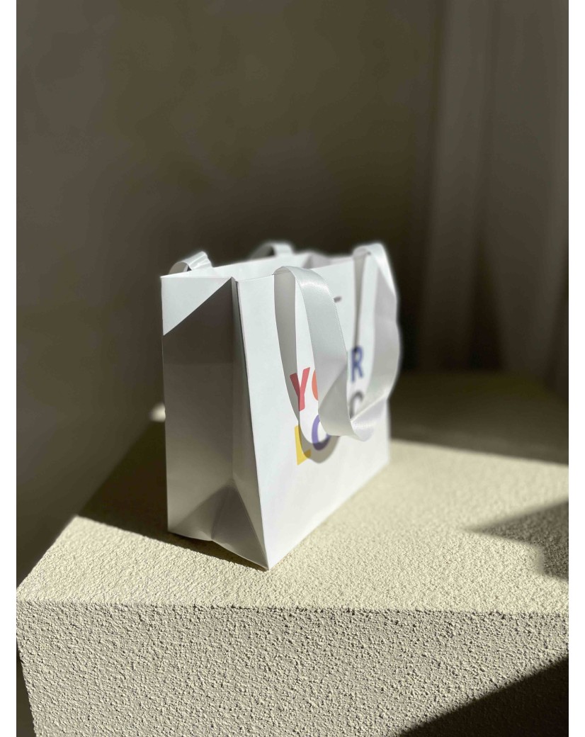 Luxus-Papiertüte Weiß – weiße Kordelhenkel – XS (16 x 8 x 16 cm)