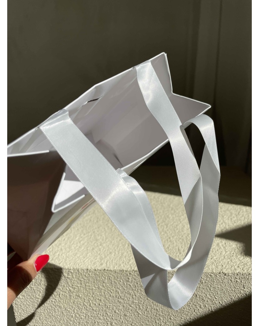 Luxus-Papiertüte Weiß – weiße Kordelhenkel – XS (16 x 8 x 16 cm)