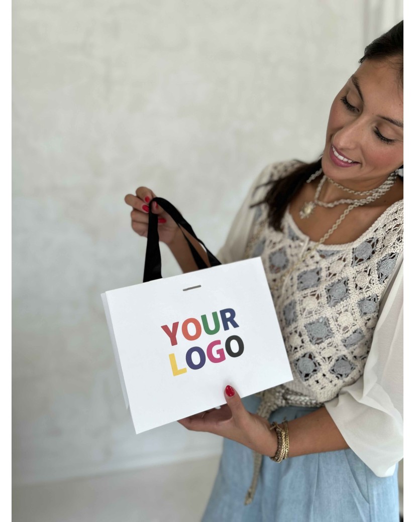 Luxe witte papieren tas - Handvat Zwart Lint - S (25x10x20CM)