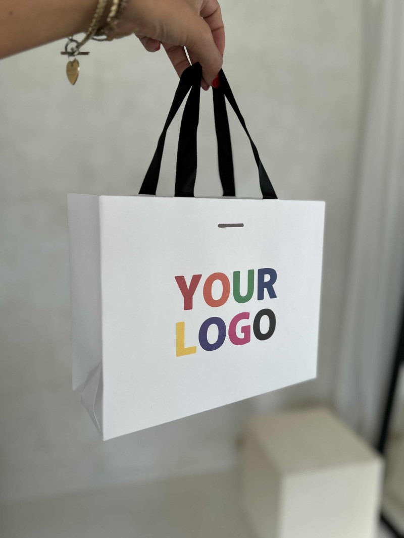 Luxe witte papieren tas - Handvat Zwart Lint - S (25x10x20CM)