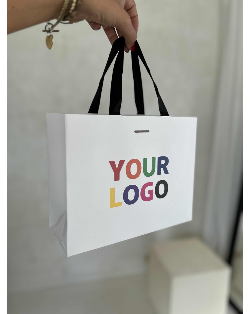 Luxe witte papieren tas - Handvat Zwart Lint - S (25x10x20CM)