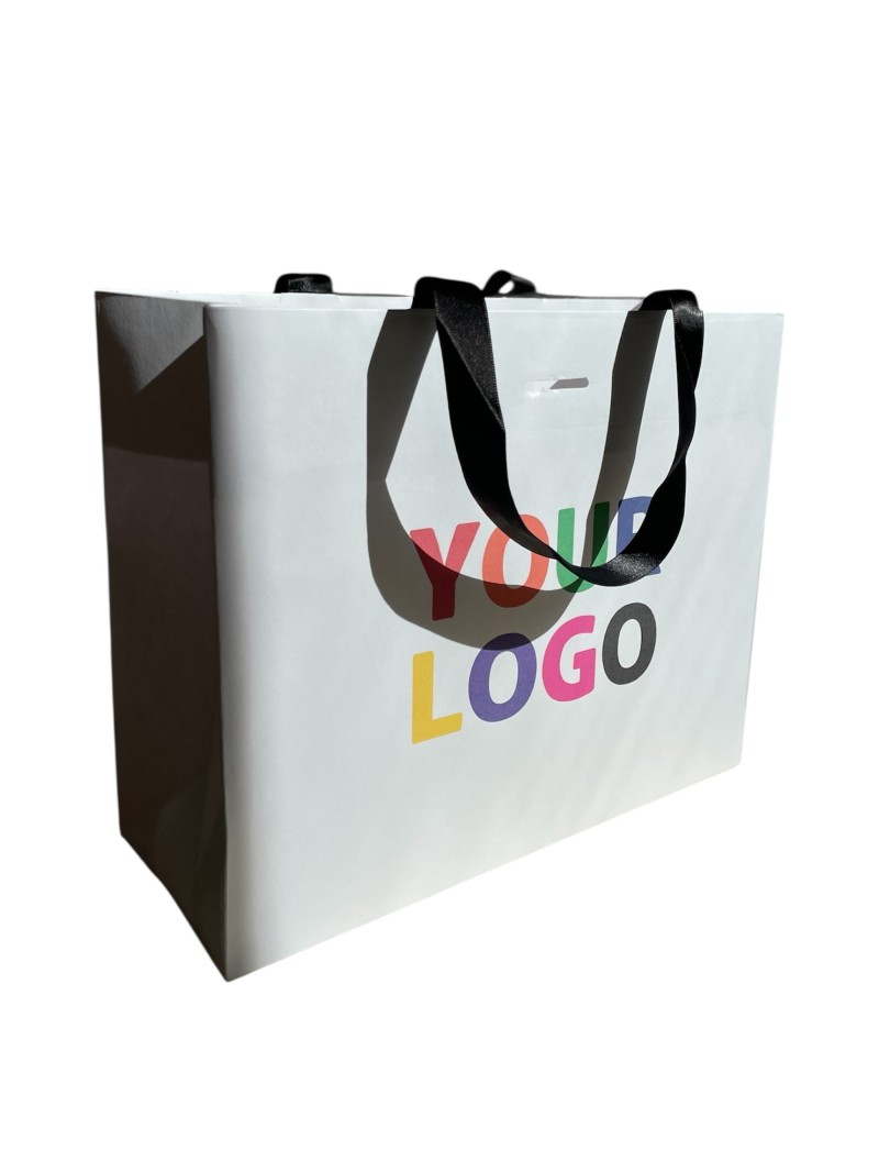 Luxe witte papieren tas - WIT met handvat Zwart Lint - L (45x14x35CM)