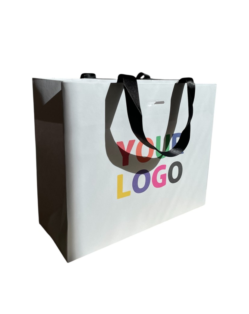 Luxe witte papieren tas - WIT met handvat Zwart Lint - L (45x14x35CM)
