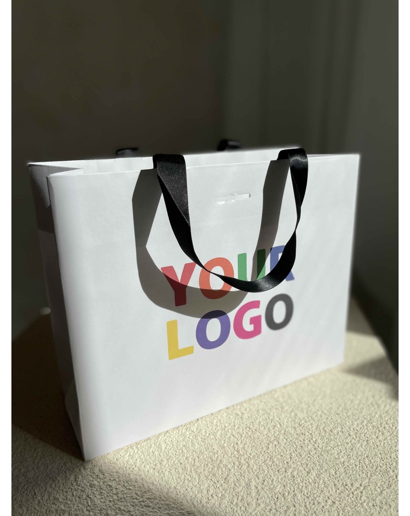 Luxe witte papieren tas - Handvat Zwart Lint - S (25x10x20CM)