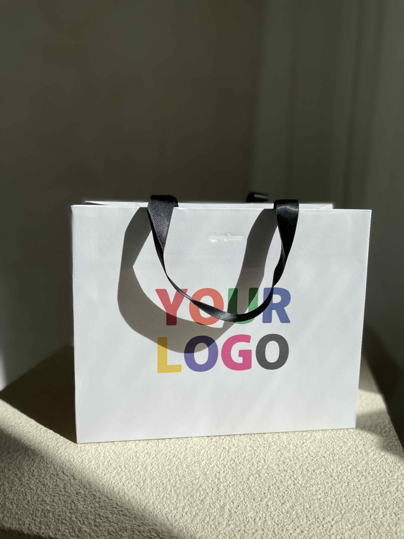 Luxe witte papieren tas - Handvat Zwart Lint - S (25x10x20CM)