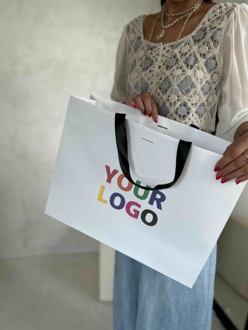 Luxe witte papieren tas - WIT met handvat Zwart Lint - L (45x14x35CM)