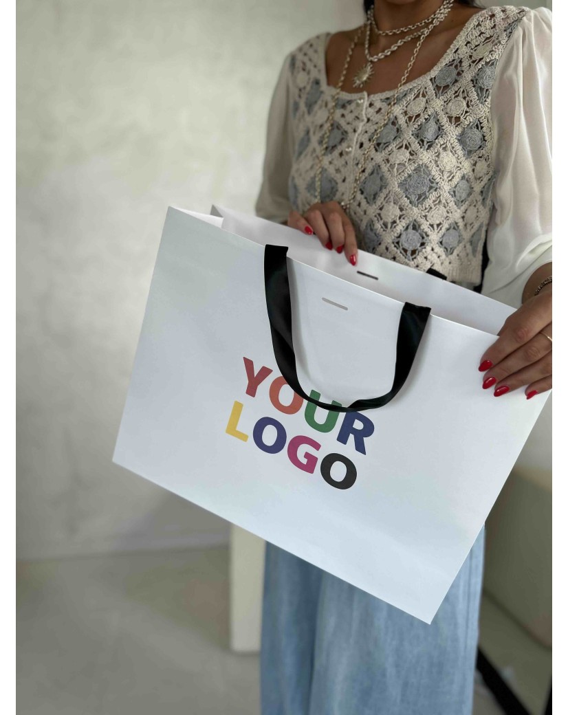 Luxe witte papieren tas - WIT met handvat Zwart Lint - L (45x14x35CM)