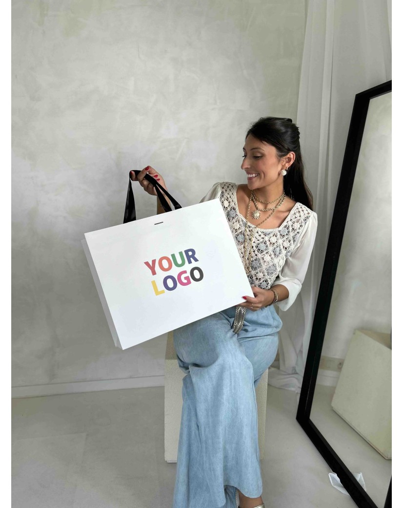 Luxe witte papieren tas - WIT met handvat Zwart Lint - L (45x14x35CM)