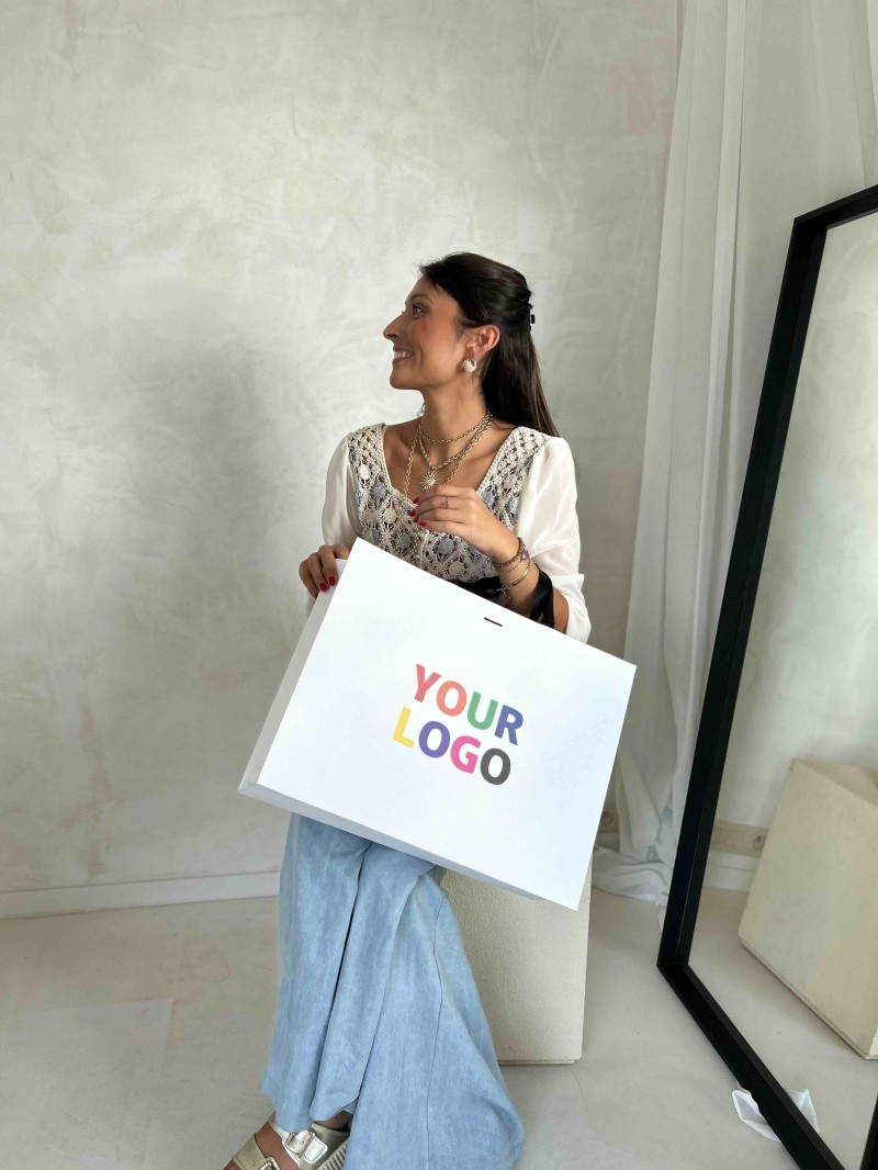 Luxe witte papieren tas - WIT met handvat Zwart Lint - L (45x14x35CM)