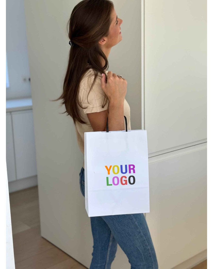 Bolsa Kraft Blanca M – Con Asas Negras, Lista Para Tu Logo