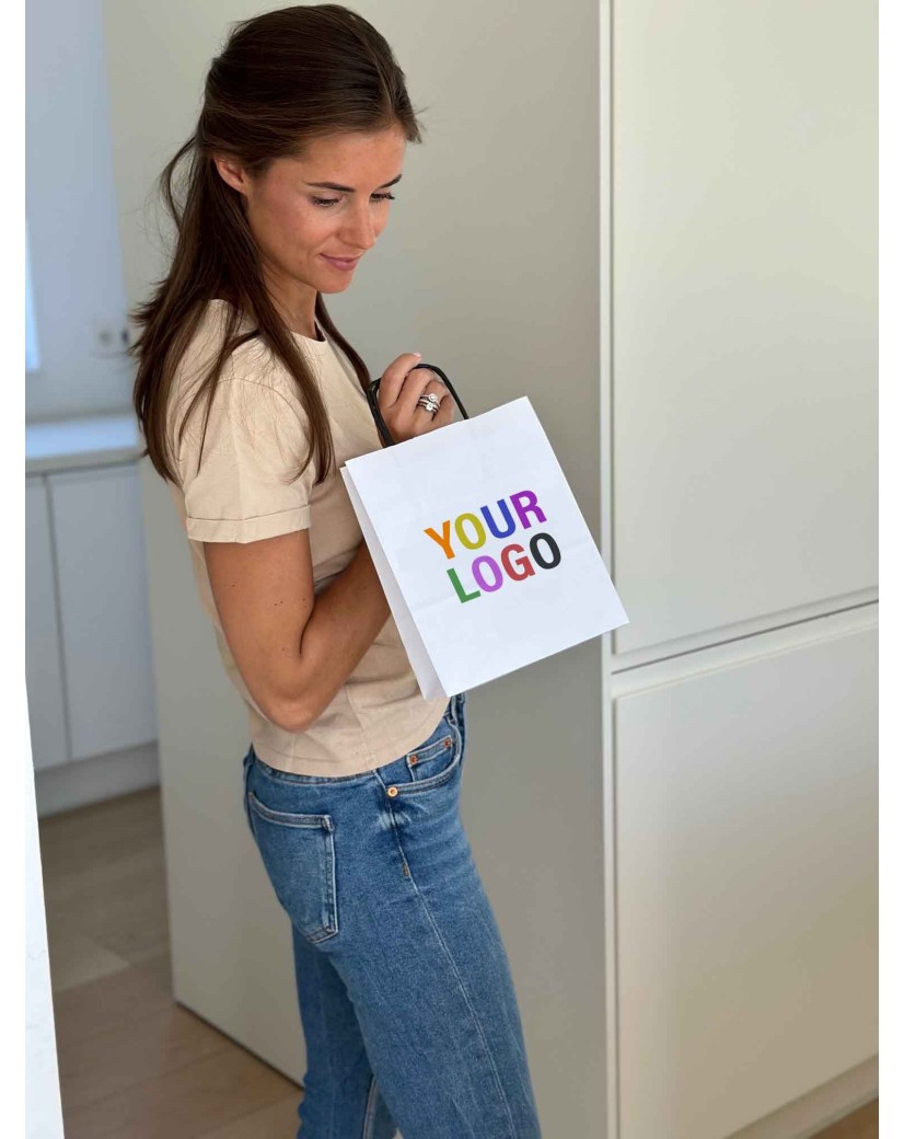 Weiße Papiertüten mit schwarzen Kordelgriffen – Weiß – S (18x8x22,5 cm)