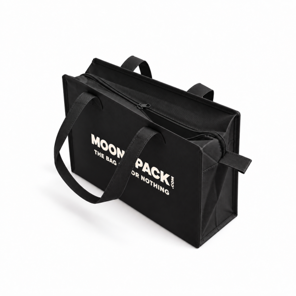 Sac non tissé personnalisé avec fermeture éclair – modèle Amsterdam Noir M (35x12x25cm)