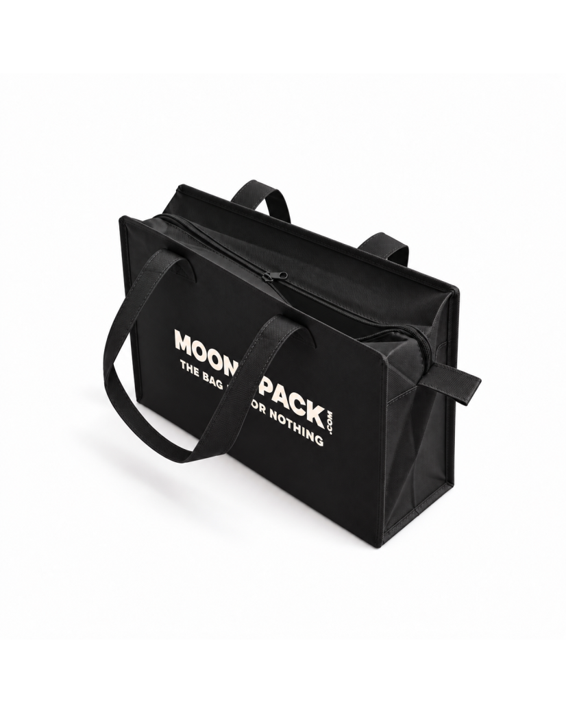 Sac non tissé personnalisé avec fermeture éclair – modèle Amsterdam Noir M (35x12x25cm)