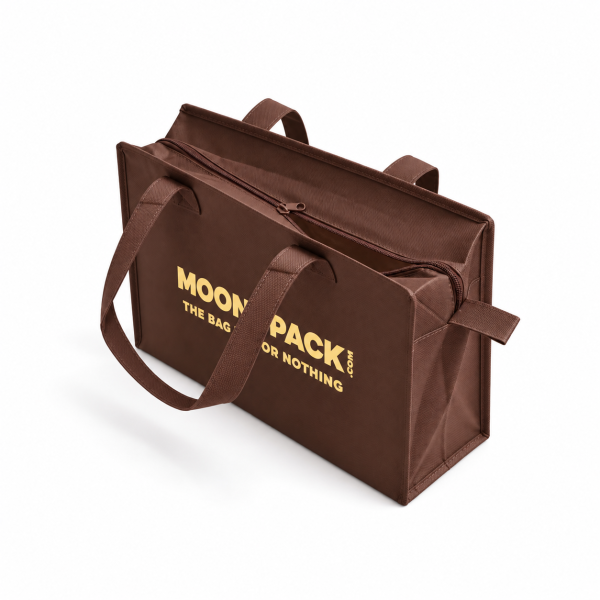 Sac non tissé personnalisé avec fermeture éclair – modèle Amsterdam Brun M (35x12x25cm)