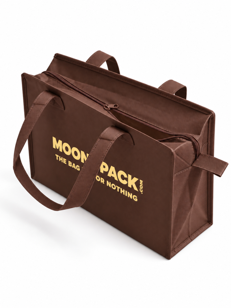 Sac non tissé personnalisé avec fermeture éclair – modèle Amsterdam Brun M (35x12x25cm)