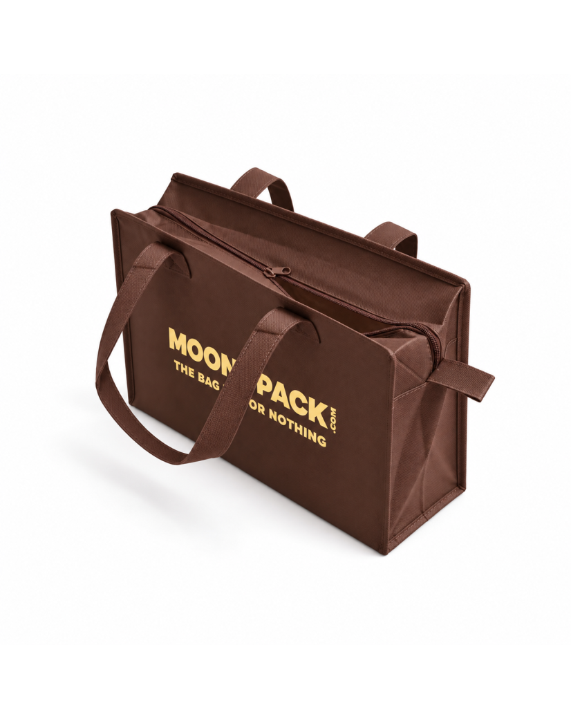 Sac non tissé personnalisé avec fermeture éclair – modèle Amsterdam Brun M (35x12x25cm)
