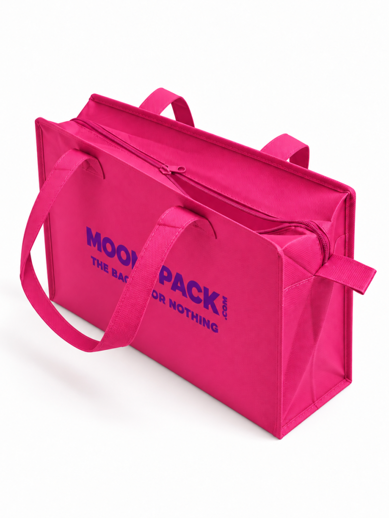 Sac non tissé personnalisé avec fermeture éclair – modèle Amsterdam Fuchsia M (35x12x25cm)