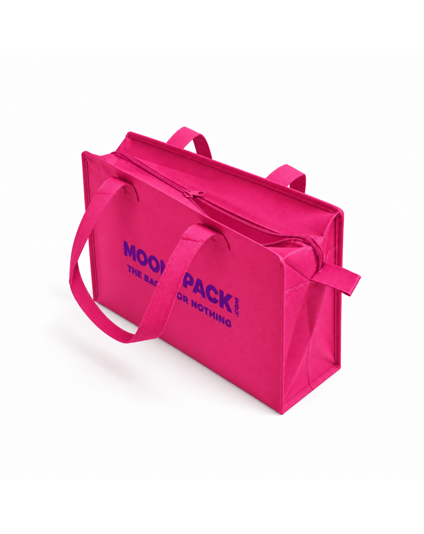 Sac non tissé personnalisé avec fermeture éclair – modèle Amsterdam Fuchsia M (35x12x25cm)