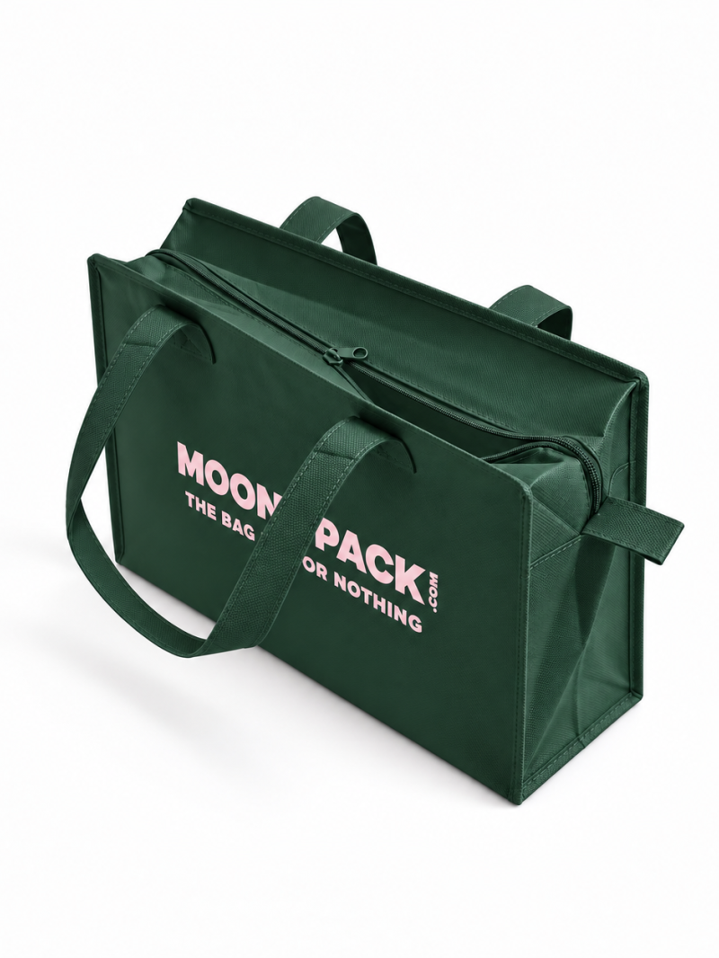 Sac non tissé personnalisé avec fermeture éclair – modèle Amsterdam Vert Sapin M (35x12x25cm)