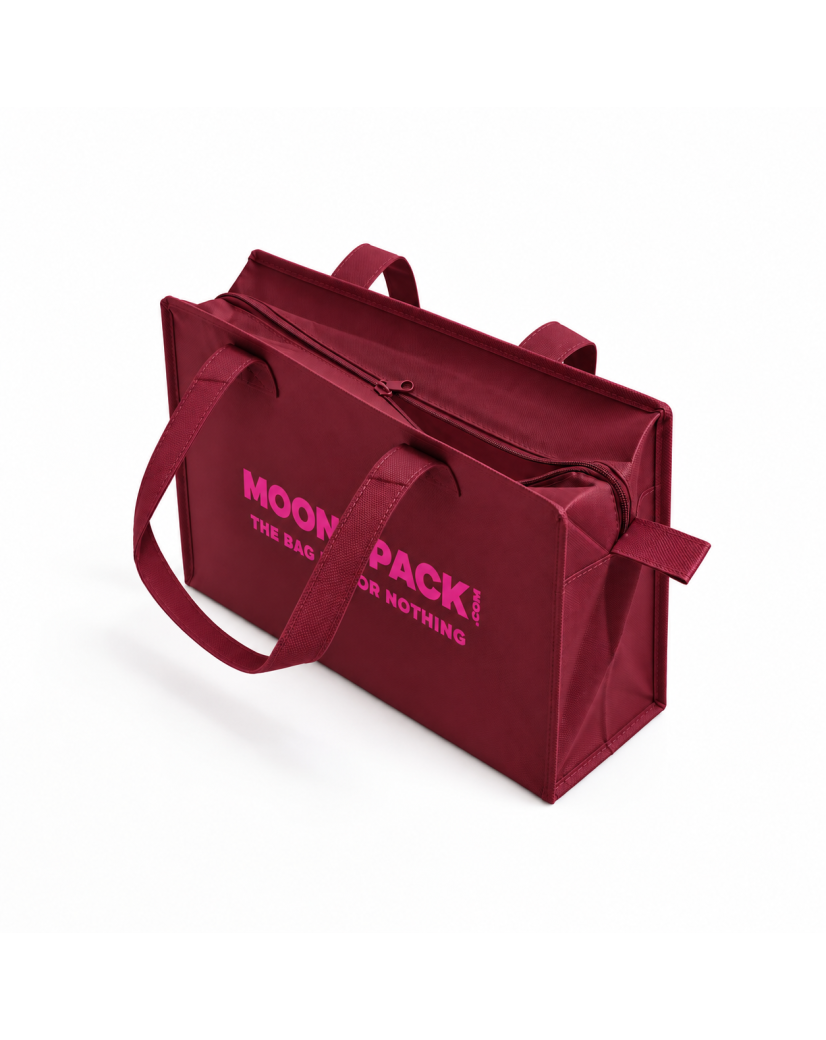 Sac non tissé personnalisé avec fermeture éclair – modèle Amsterdam Bordeaux M (35x12x25cm)