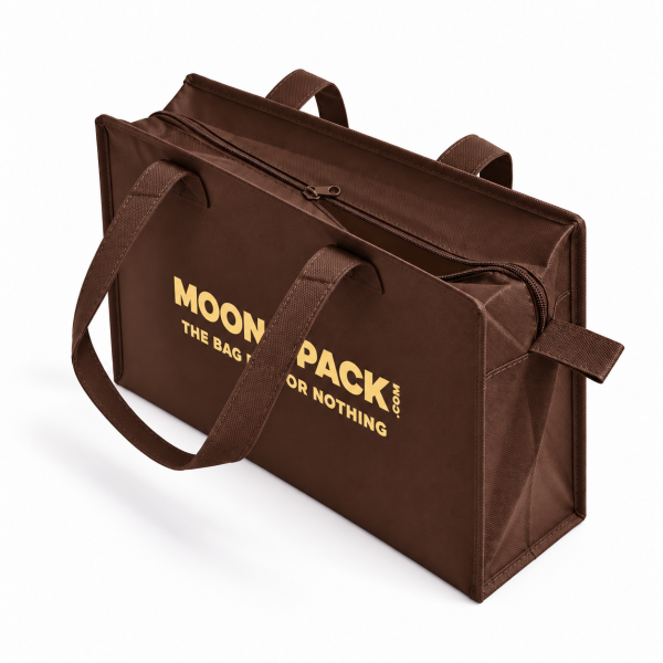 Sac non tissé personnalisé avec fermeture éclair – modèle Amsterdam Brun L (42x14x35cm)