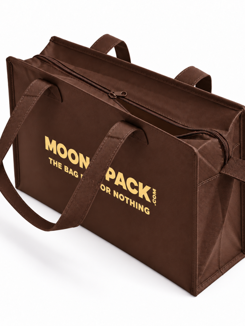Sac non tissé personnalisé avec fermeture éclair – modèle Amsterdam Brun L (42x14x35cm)