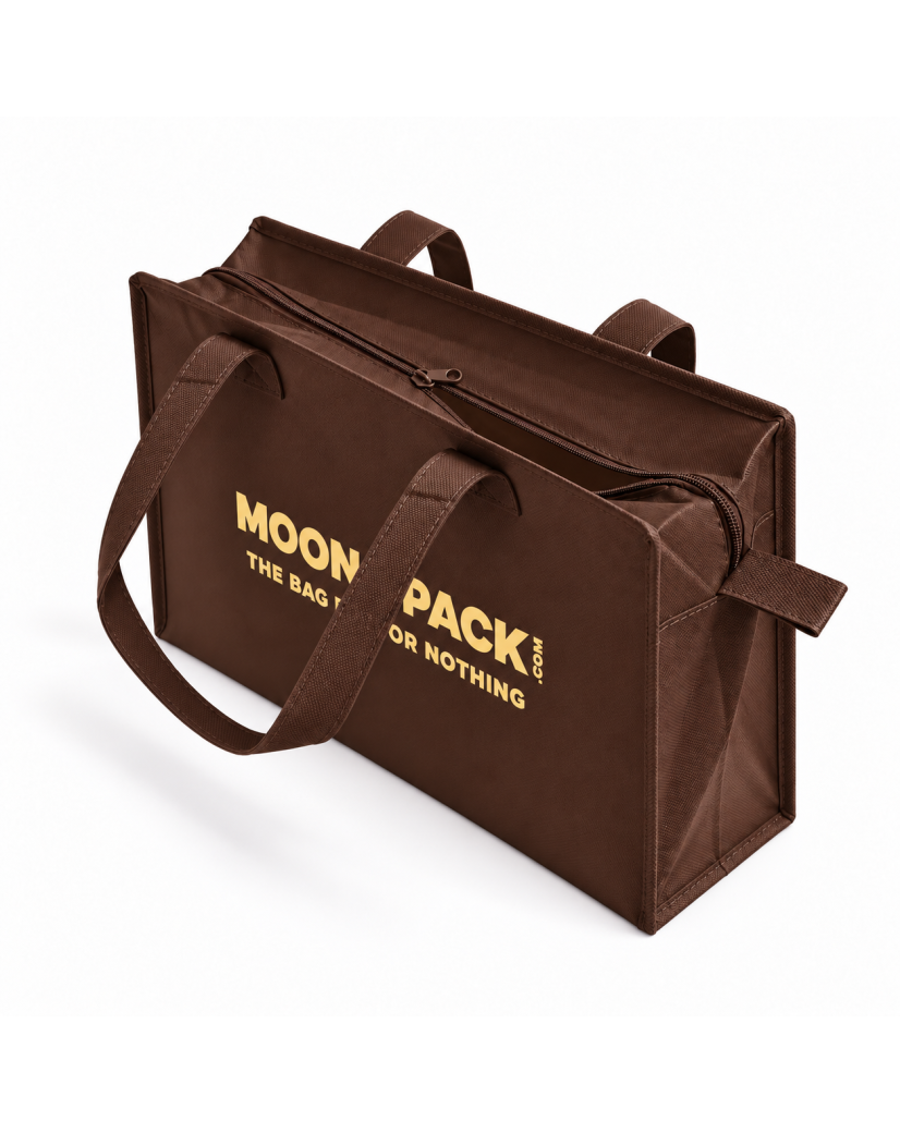 Sac non tissé personnalisé avec fermeture éclair – modèle Amsterdam Brun L (42x14x35cm)