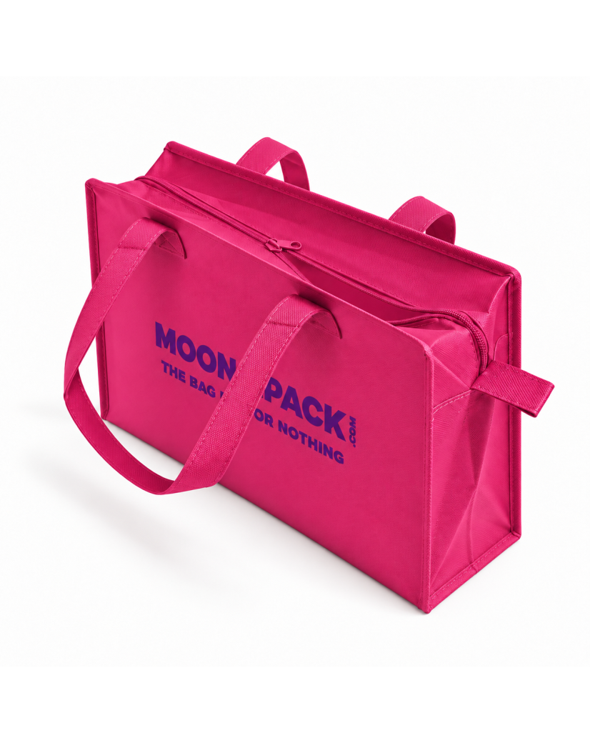 Sac non tissé personnalisé avec fermeture éclair – modèle Amsterdam Fuchsia L (42x14x35cm)