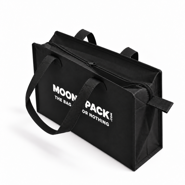 Sac non tissé personnalisé avec fermeture éclair – modèle Amsterdam Noir L (42x14x35cm)