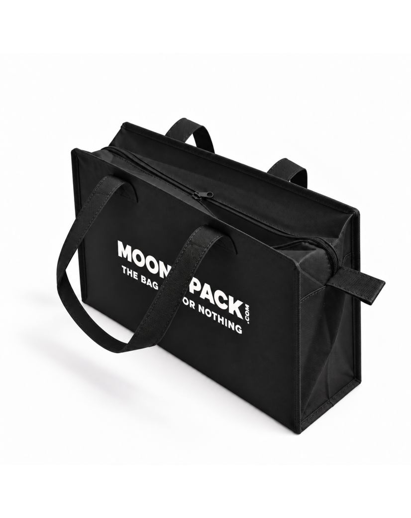 Sac non tissé personnalisé avec fermeture éclair – modèle Amsterdam Noir L (42x14x35cm)