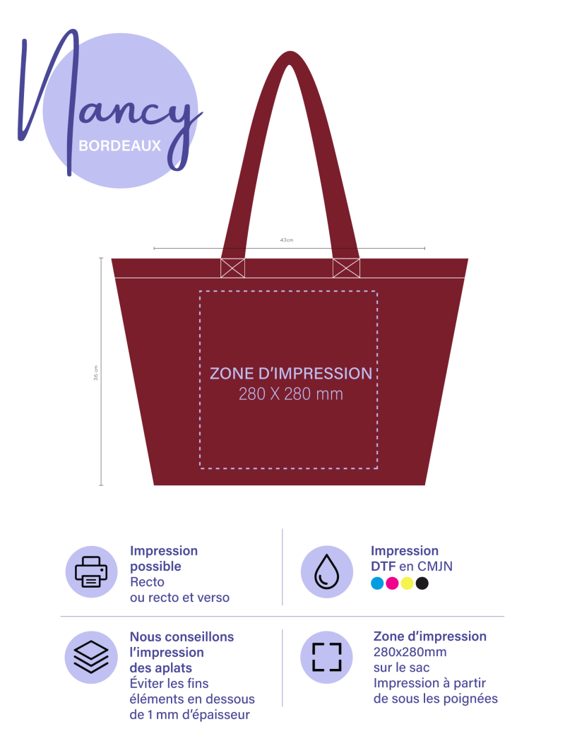 Sac cabas réutilisable – Nancy Bordeaux (43×15×36 cm)