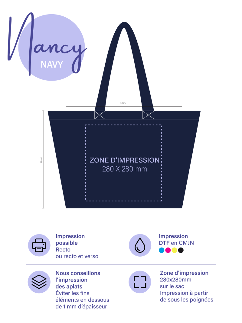Sac cabas réutilisable – Nancy Navy (43×15×36 cm)