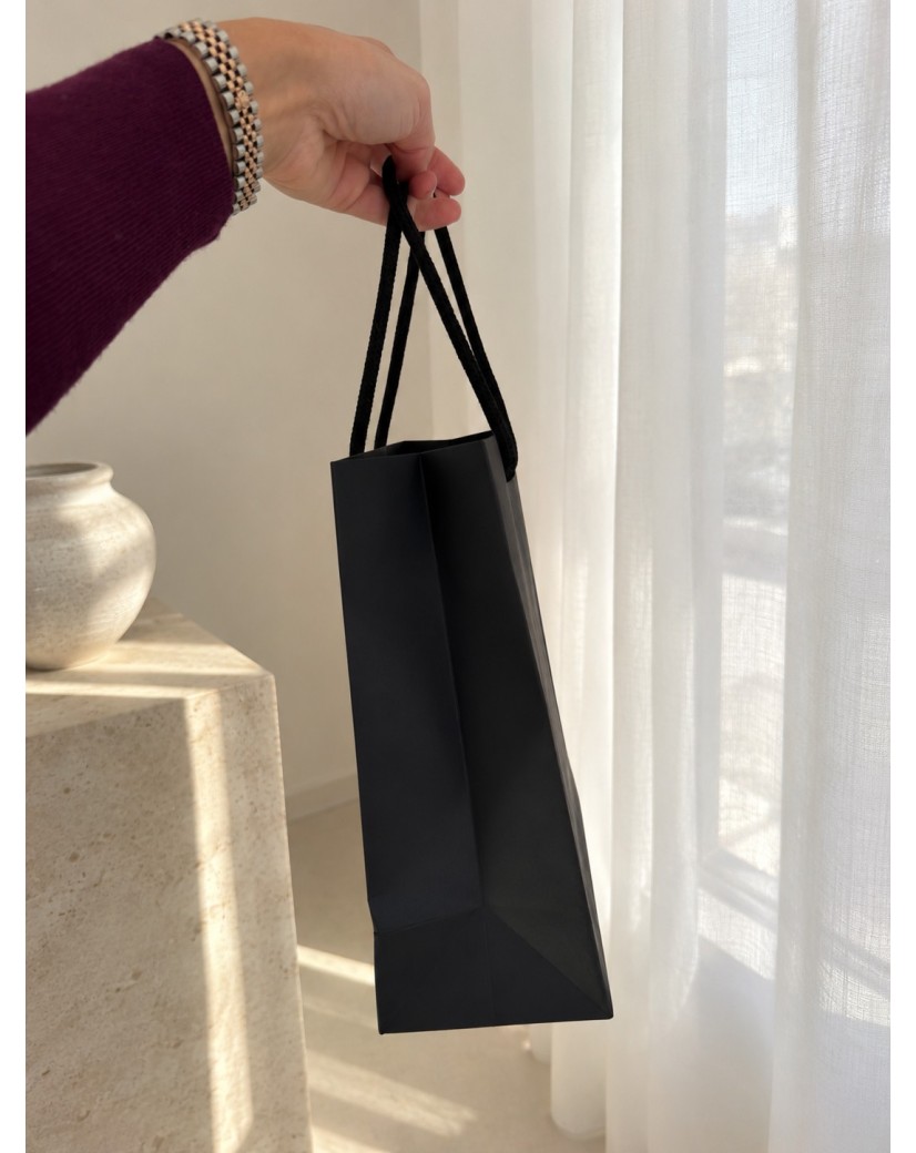 Schwarze Luxuspapiertüte mit Kordelgriffen – Größe S (20×10×25 cm)
