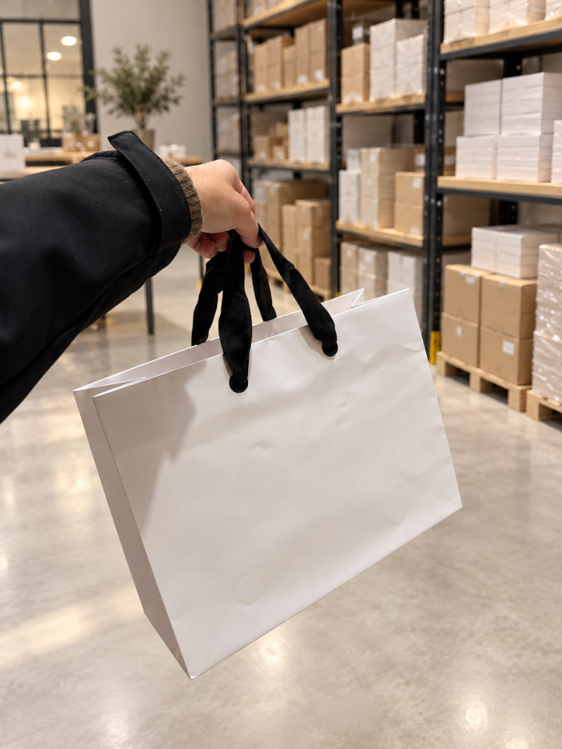 White paper bag with black ribbon handles