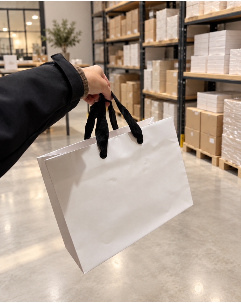 Weiße Papiertüte mit schwarzen Satinhenkeln