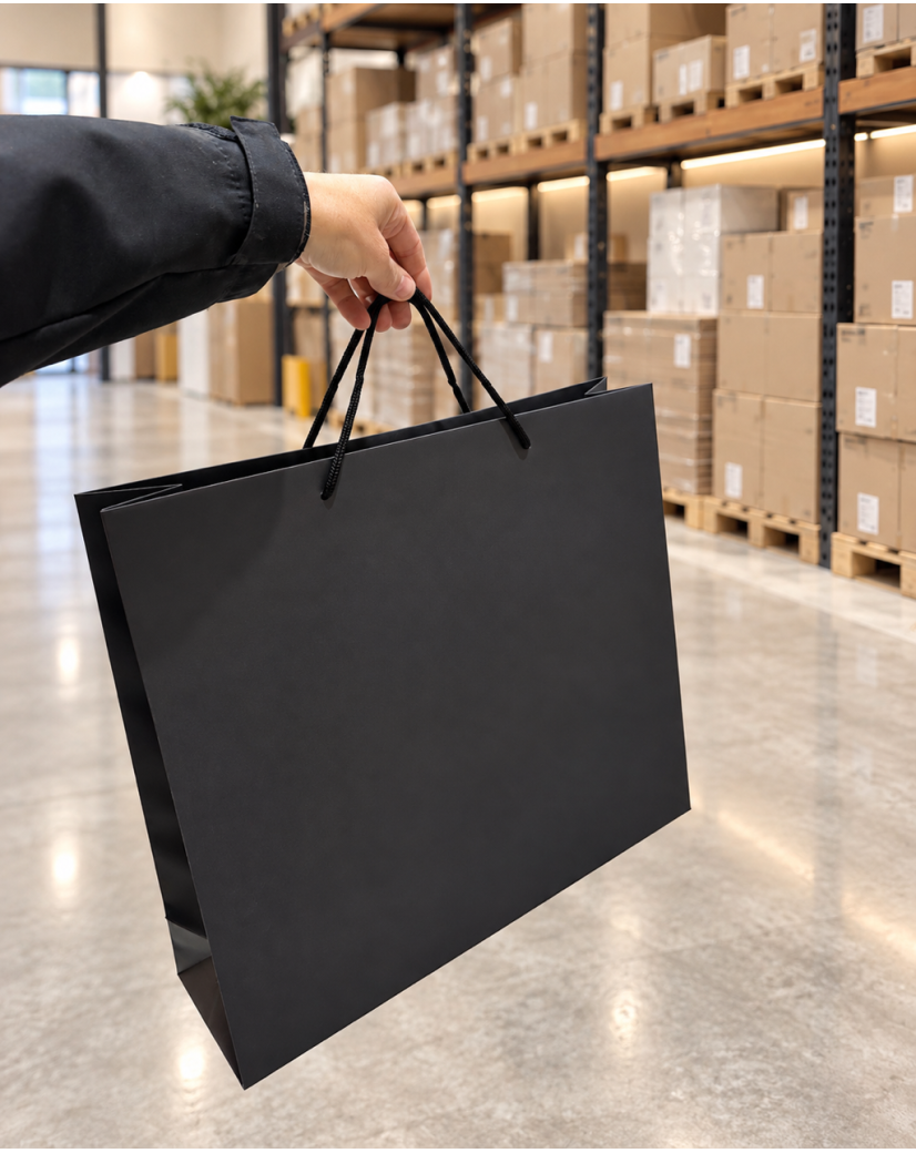 Bolsa de papel negra con asas de cordón negro