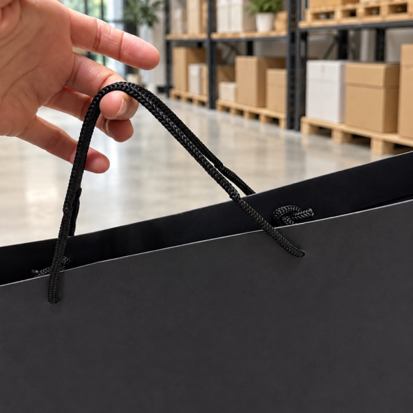 Schwarze Papiertüte mit schwarzen Kordelgriffen