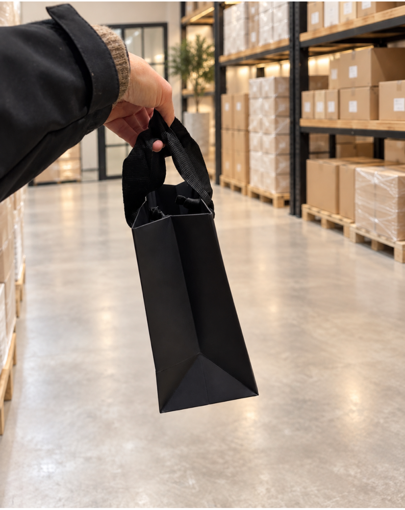Bolsa de papel negra con asas de cinta negra
