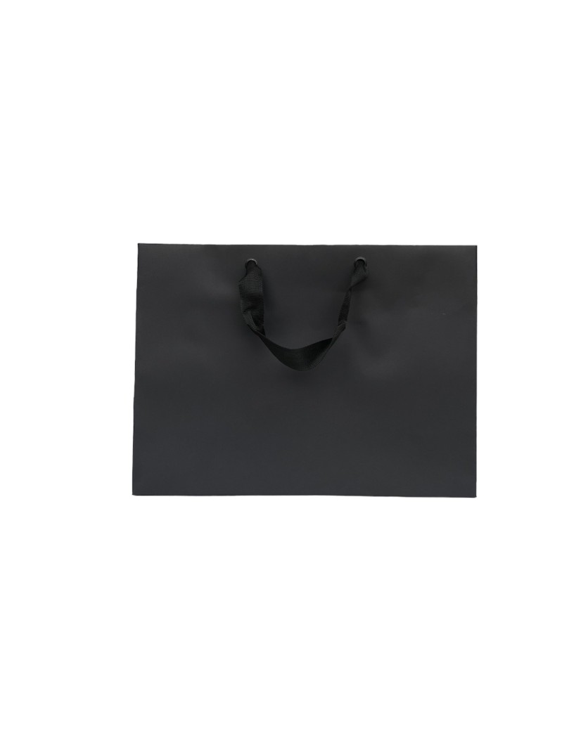 Schwarze Papiertüte mit schwarzen Satinbändern