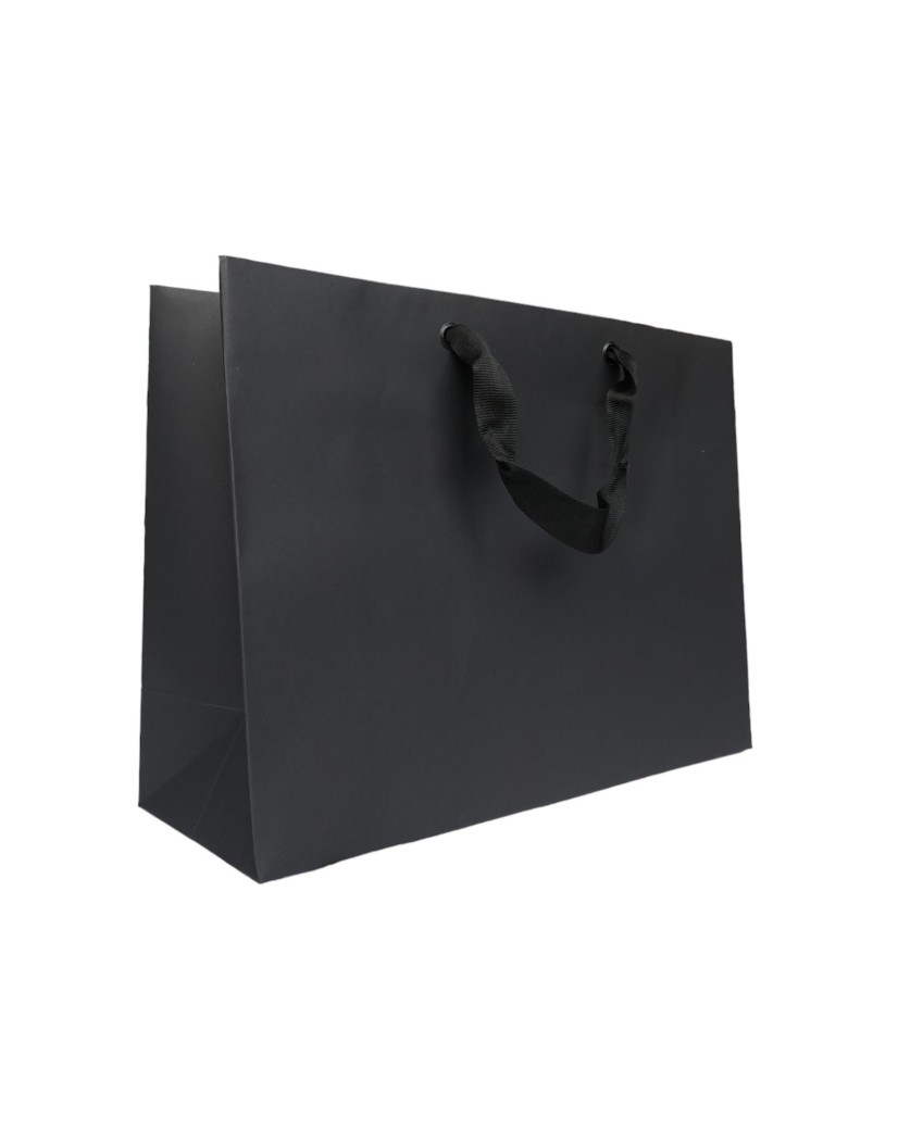 Schwarze Papiertüte mit schwarzen Satinbändern