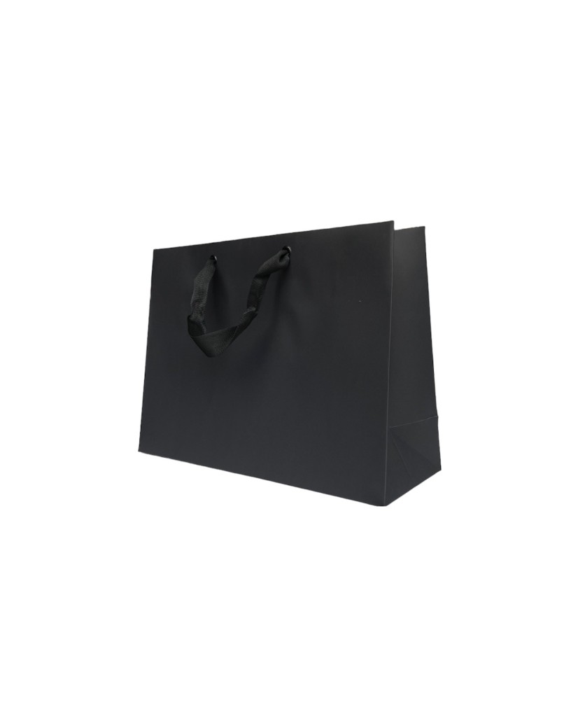 Schwarze Papiertüte mit schwarzen Satinbändern