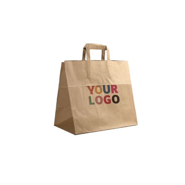 Braune Papiertüten mit Flachgriffen – Snack/Takeaway-Format (32×21×33 cm)