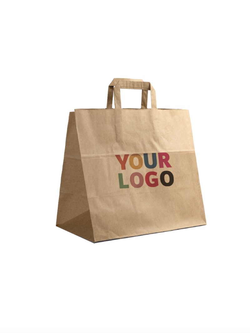 Braune Papiertüten mit Flachgriffen – Snack/Takeaway-Format (32×21×33 cm)