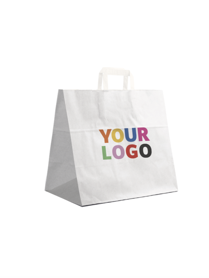 Weiße Papiertüten mit Flachgriffen – Snack/Takeaway-Format (32×21×33 cm)