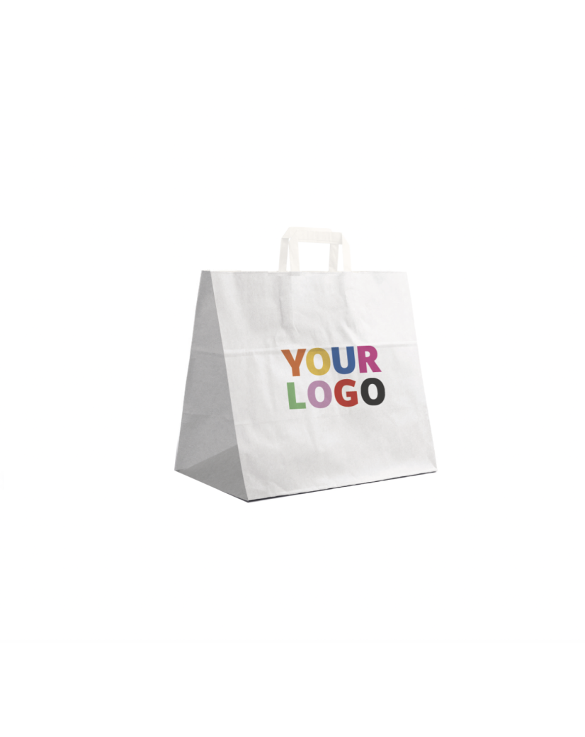 Weiße Papiertüten mit Flachgriffen – Snack/Takeaway-Format (32×21×33 cm)